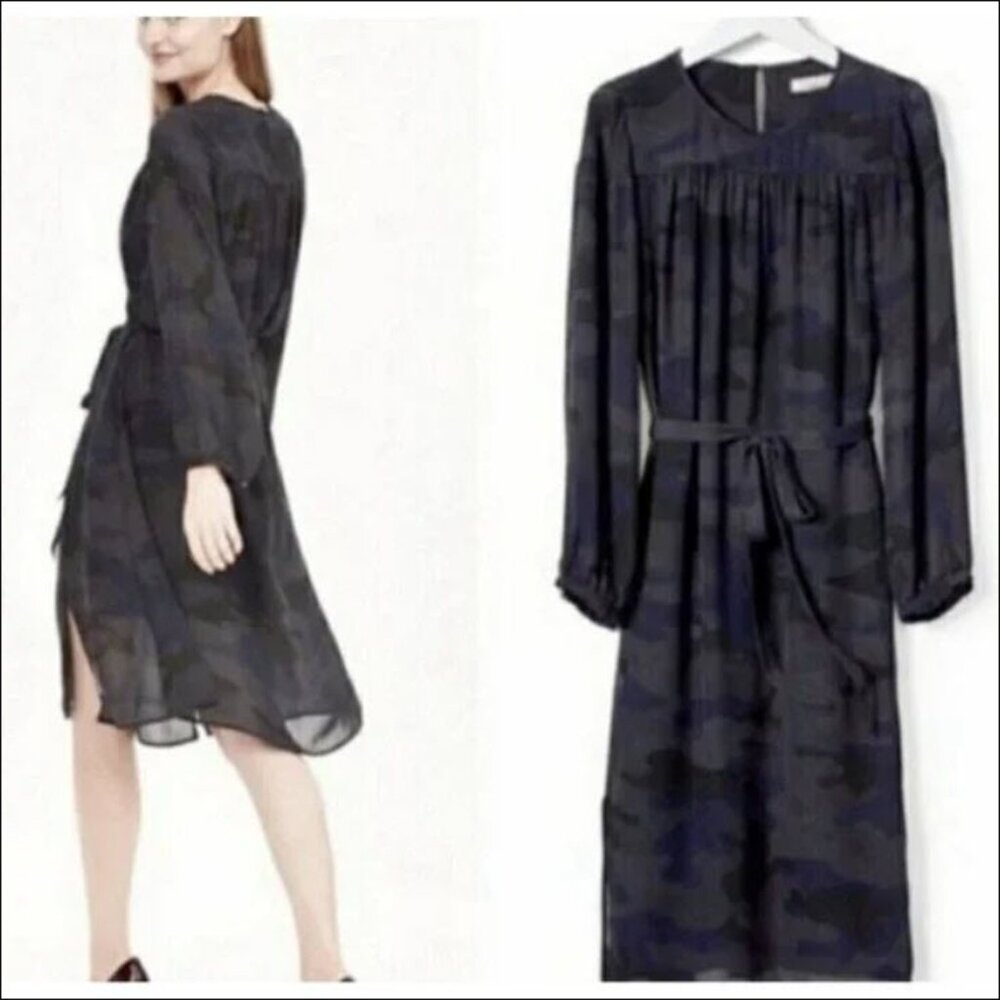 NWT Banana Republic Gray Black Blue Camouflage Print Belt Shirt Dress w/Slip 6P